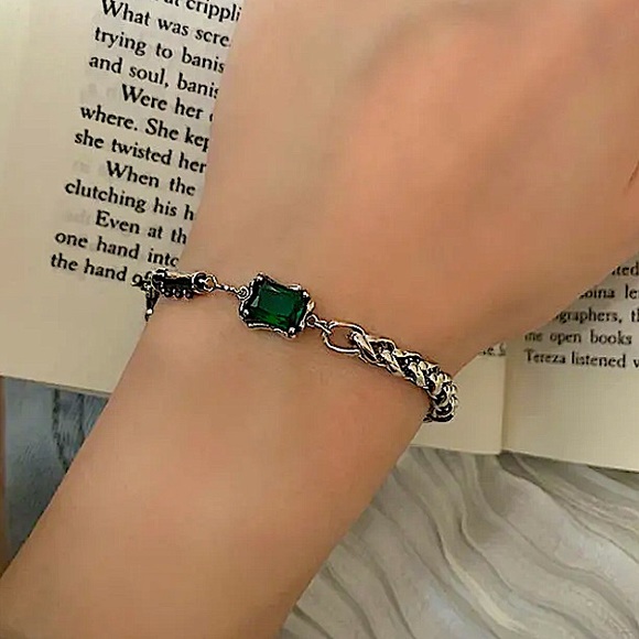 Sterling Silver Emerald Zircon Bracelet Matching Emerald Zircon Statement Ring - Picture 4 of 7